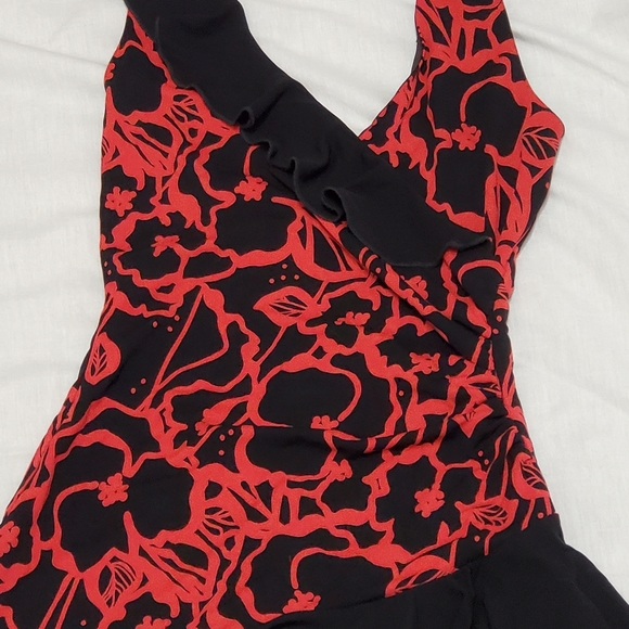 BEBE, Red & Black Asymmetrical Cocktail Dress, XS - Picture 2 of 4
